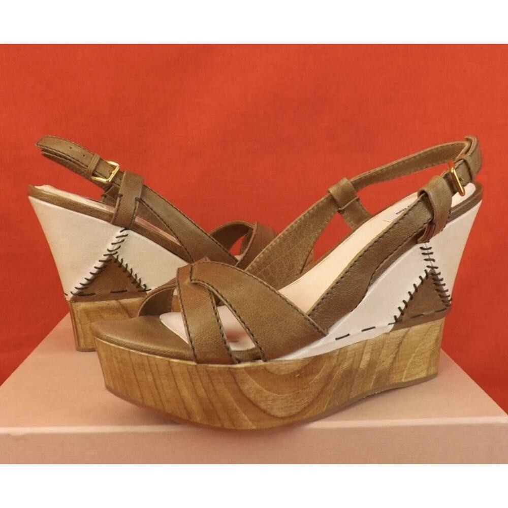 MIU MIU PRADA 5Z6936 BROWN TEXTURE LEATHER WOODEN PLATFORM SANDALS PUMPS 39.5